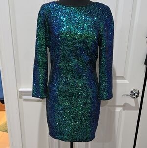 Fashion Nova Shimmering Green and Blue Sequin Dress